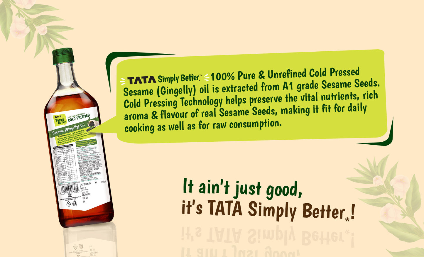 TATA SIMPLY BETTER SESAME OIL 1L 100% PURE and UNREFINED COLD PRESSED OIL