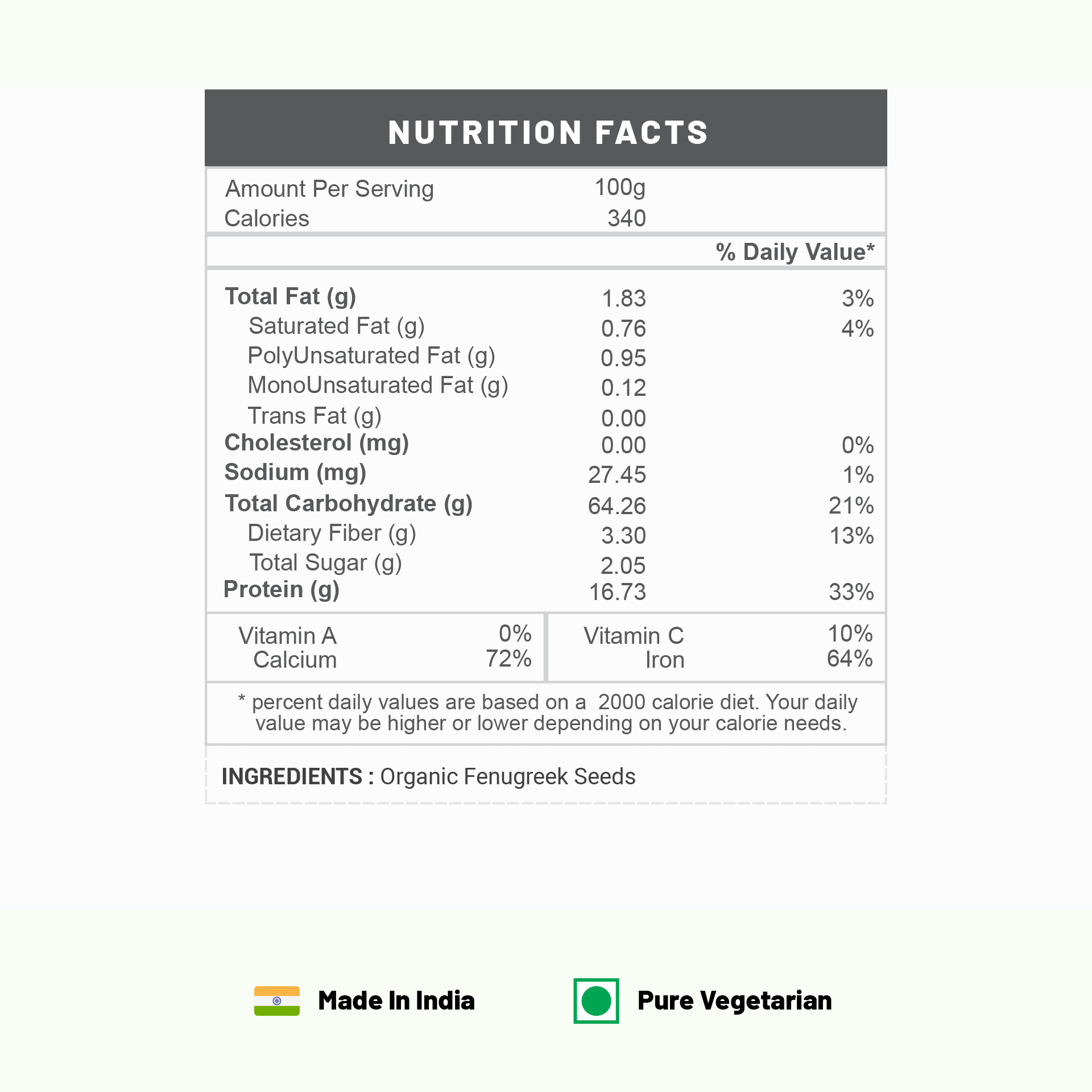 Pure Organio Organic Fenugreek Seeds Methi dana