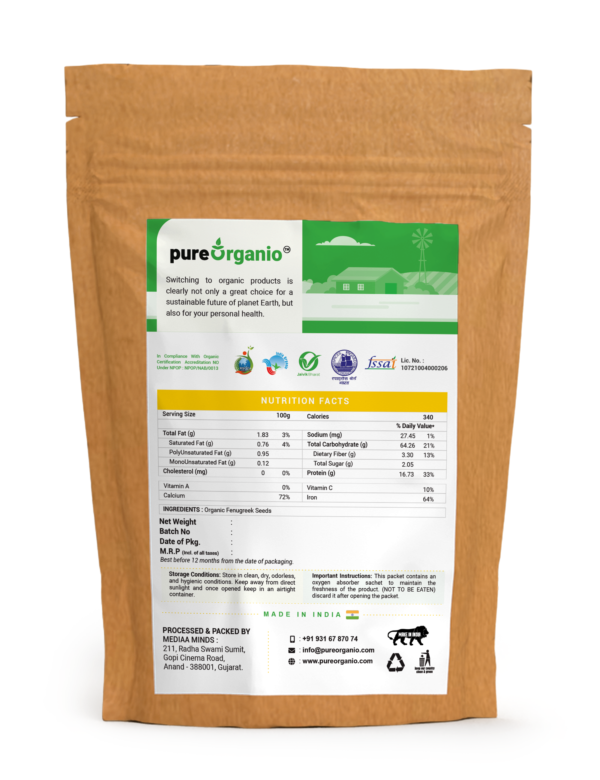 Pure Organio Organic Fenugreek Seeds Methi dana
