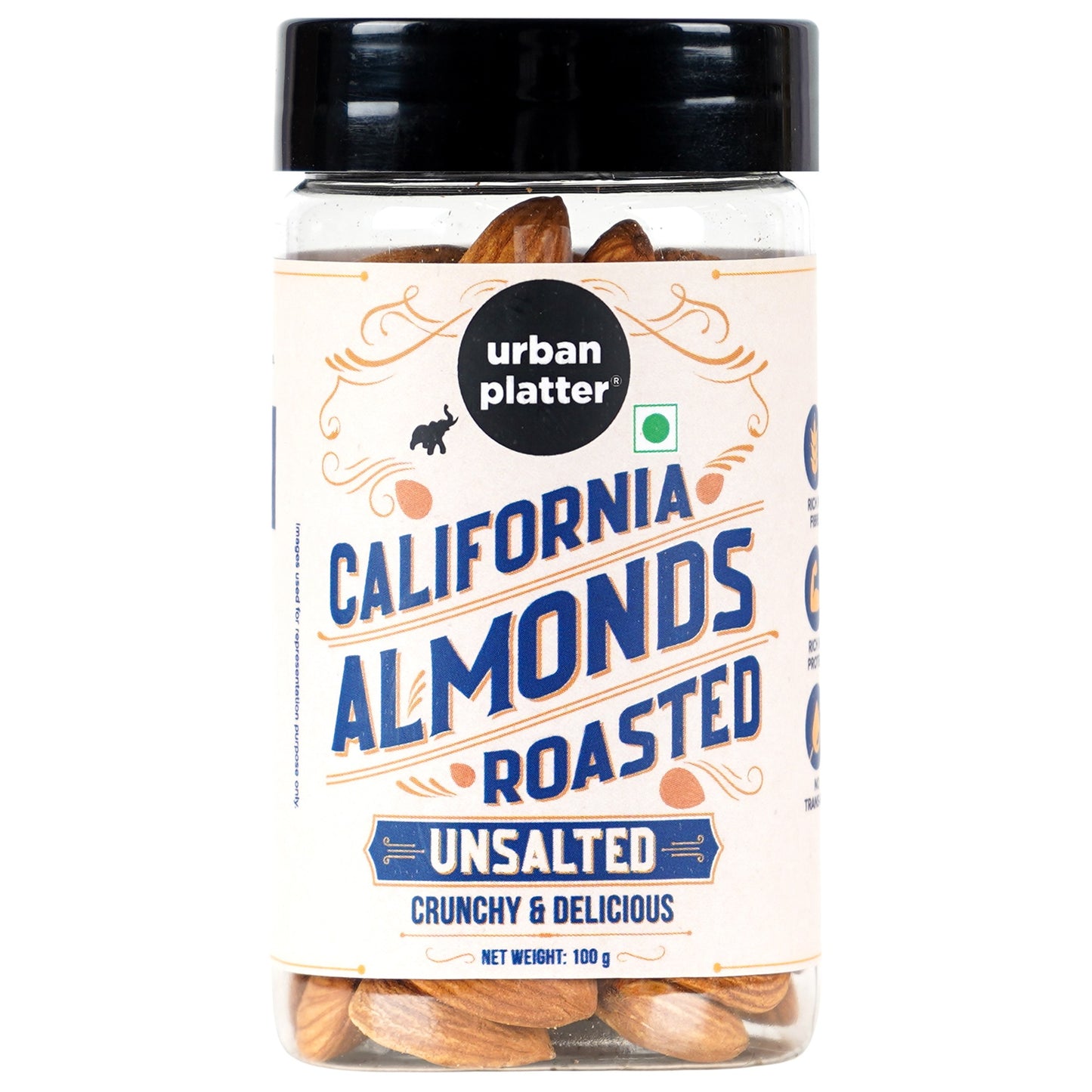 Urban Platter Roasted Unsalted California Almonds - 100 gms