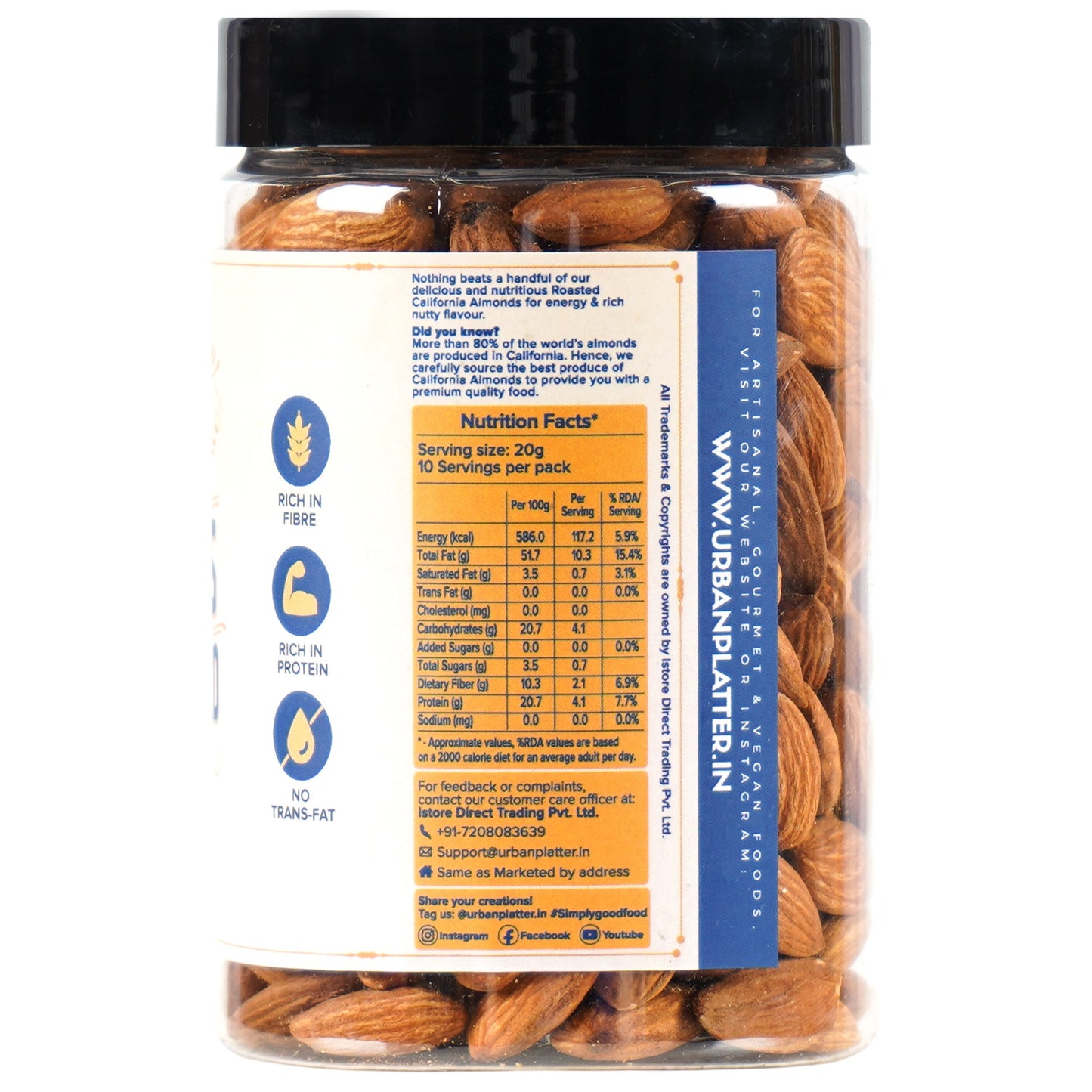 Urban Platter Roasted Unsalted California Almonds - 200 gms