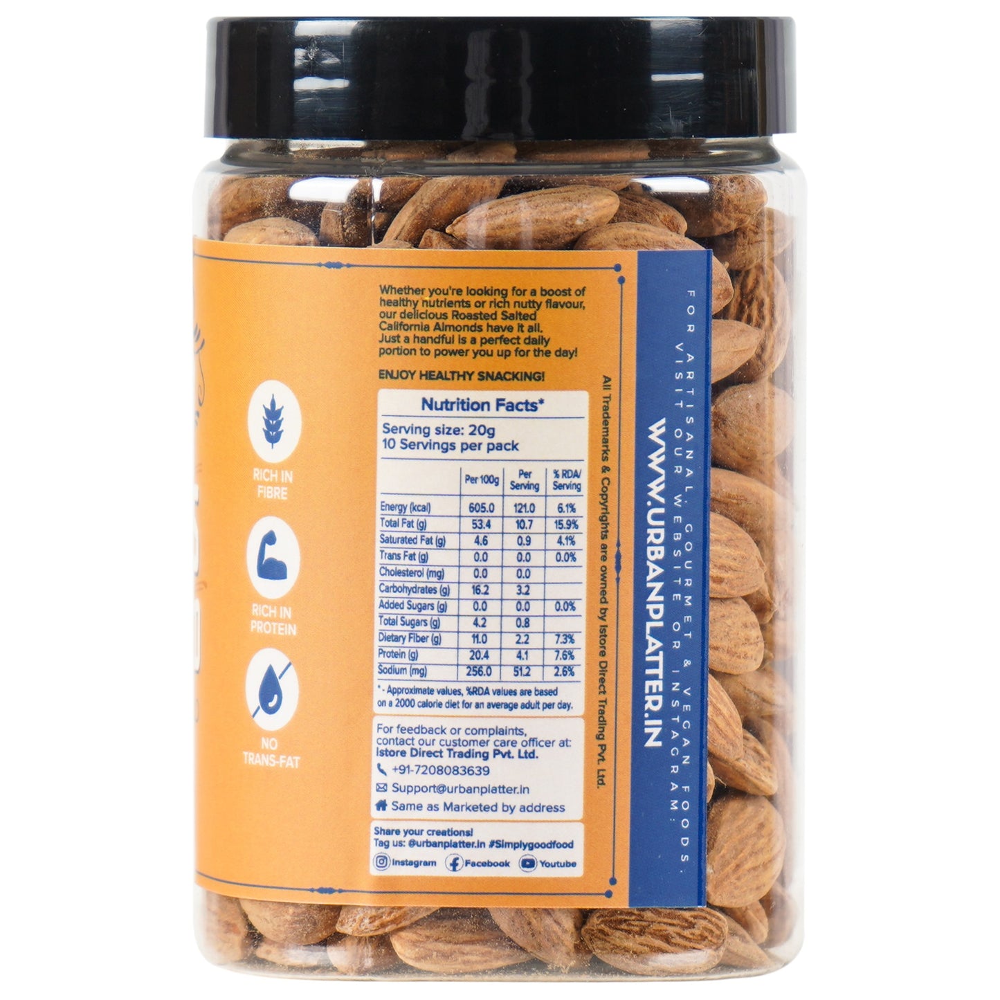 Urban Platter Roasted Salted California Almonds - 200 gms