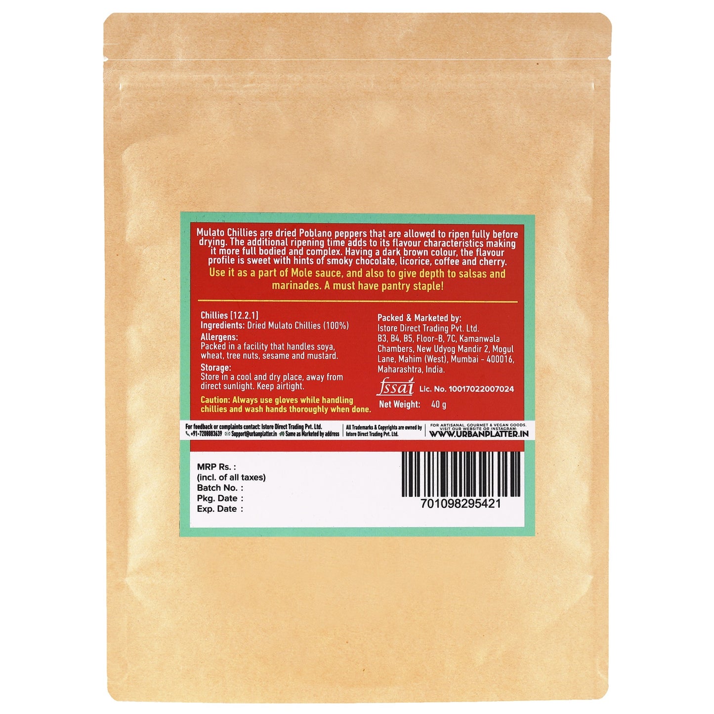 Urban Platter Whole Dried Mulato Chillies - 40 gms