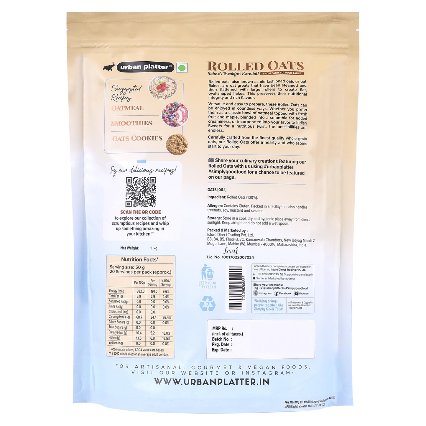 Urban Platter Rolled Oats - 1 kg