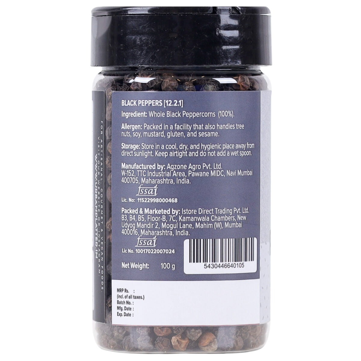 Urban Platter Whole Black Peppercorns - 100 gms