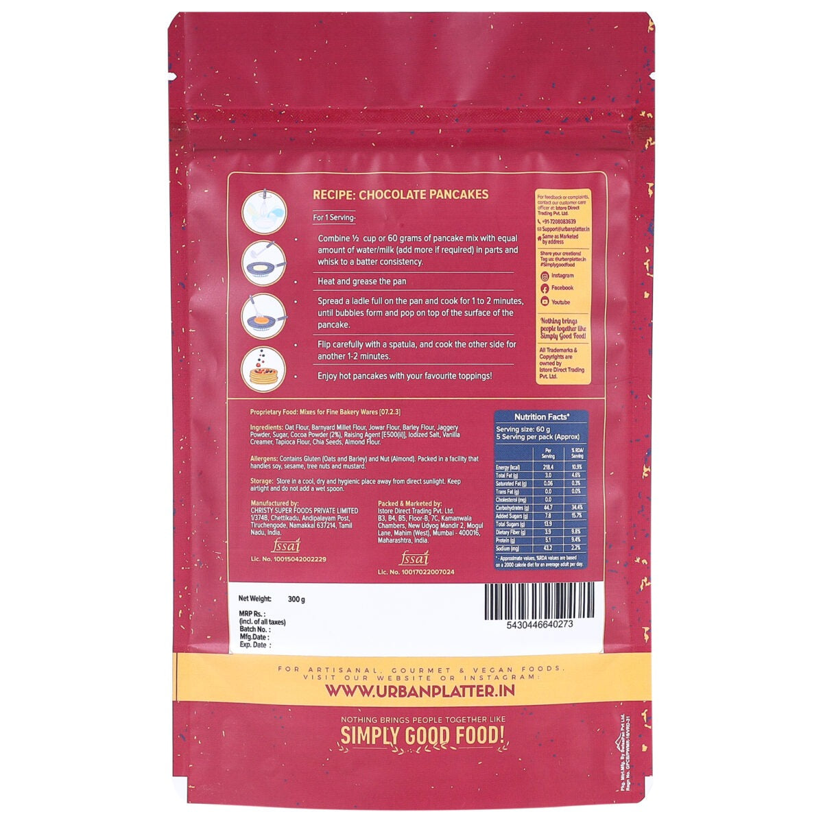 Urban Platter Chocolate Pancake Mix - 300 gms