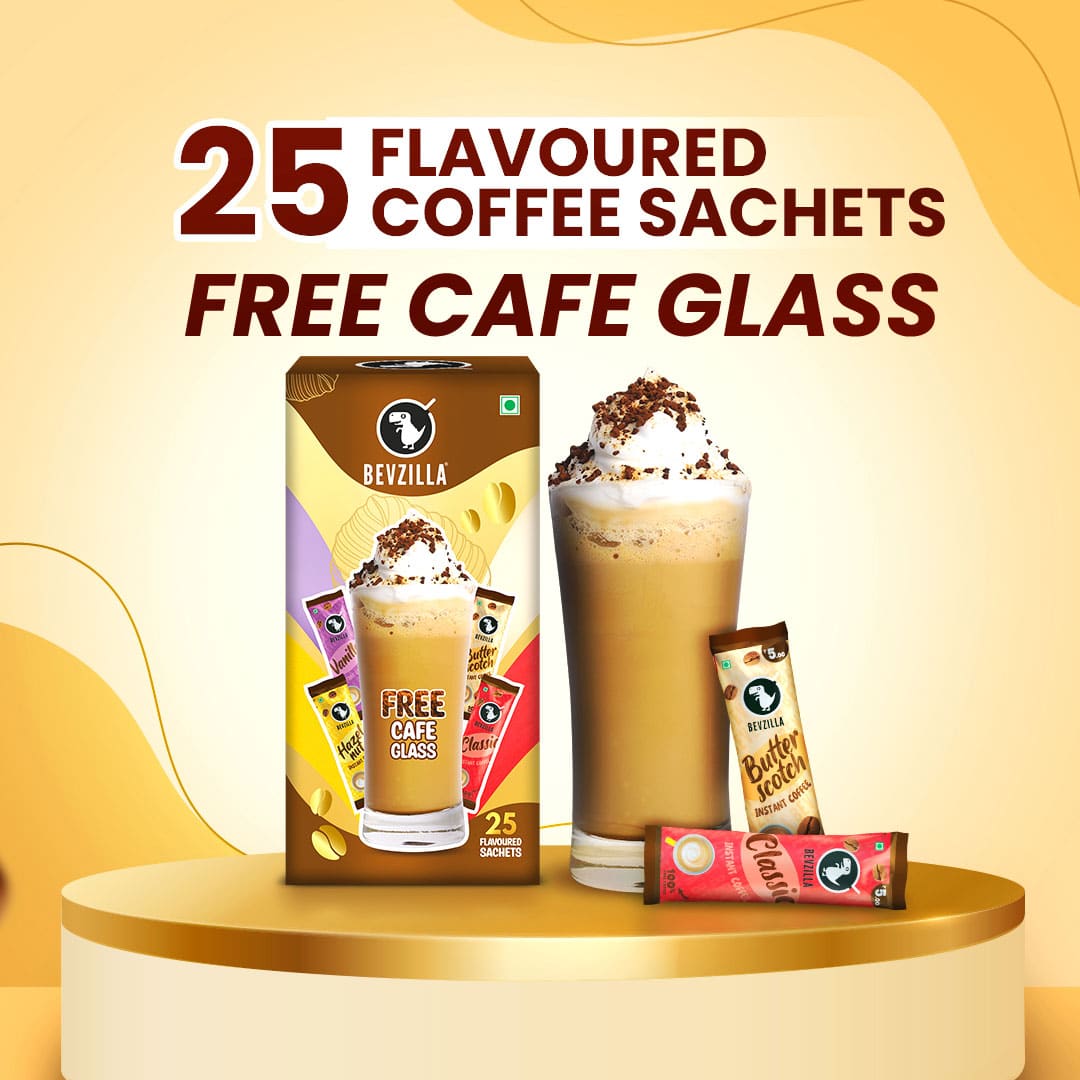 Assorted pack of 	Coffee Sachets With 25 flavoured coffee sachets + free cafe glass