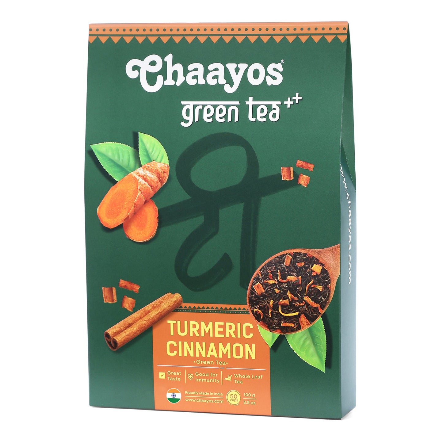 Chaayos Turmeric Cinnamon Green Tea | Turmeric Cinnamon Tea | Whole Leaf Loose Tea | Immunity Boosting - 100g [50 Cups]