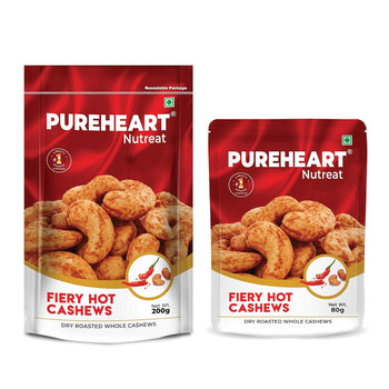 Pureheart Nutreat Fiery Hot Cashews - Natural Premium Spicy Roasted Whole Cashew Nuts/Kaju Dry Fruit, Crunchy & Delicious Chili Cashews - Resealable Pouch