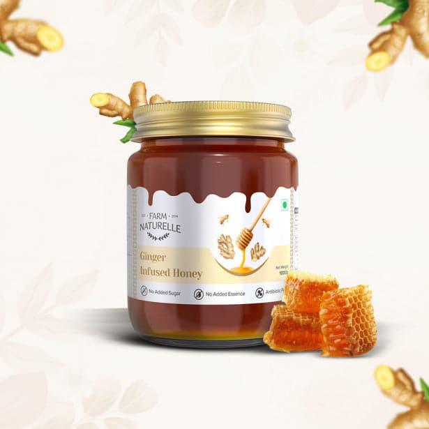 Ginger Infused Honey | 100% Pure Honey | Wooden Spoon| Raw, Natural, Unprocessed & Unheated Honey | Lab Tested Honey in Glass Bottle.