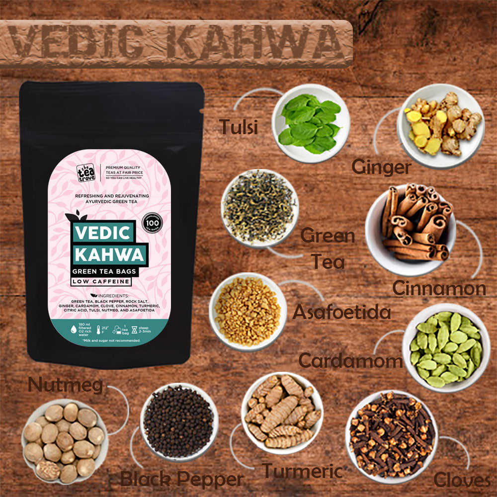 FVTB VEDIC KAHWA - Kahwa Green Tea Bags 100 pcs - Eco-Friendly Vedic Detox Kahwa Green Tea 100 bag in Resealable pouch- All in one Green Tea Kahwa Tea bags - Kawa tea, Kava tea, Green tea bag