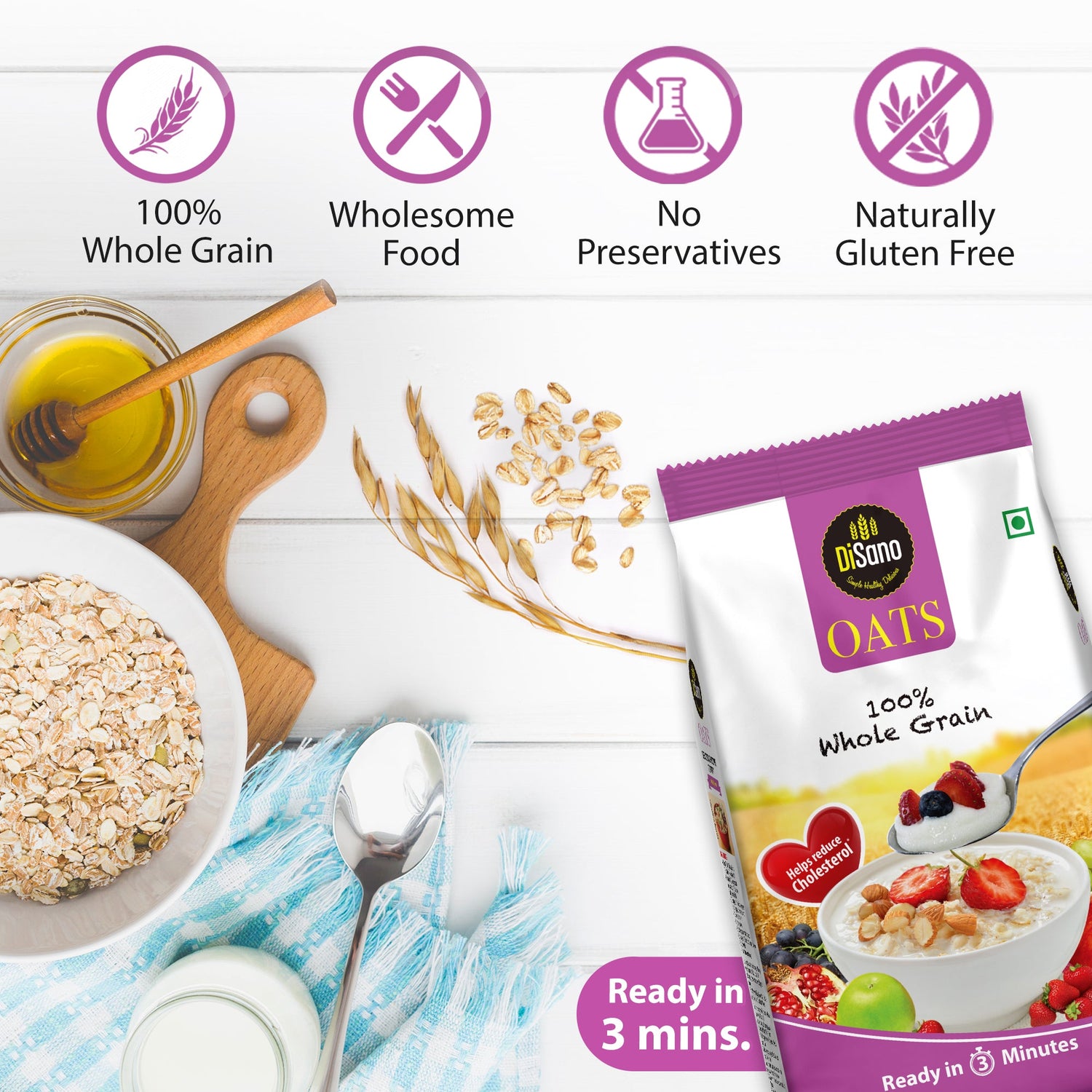 Disano Oats, 1kg, Natural  Whole Grain, High in Protein and Fibre, Rolled Oats