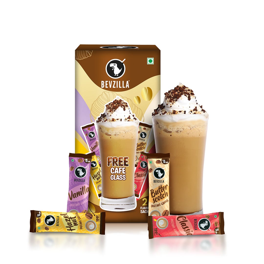 Assorted pack of 	Coffee Sachets With 25 flavoured coffee sachets + free cafe glass