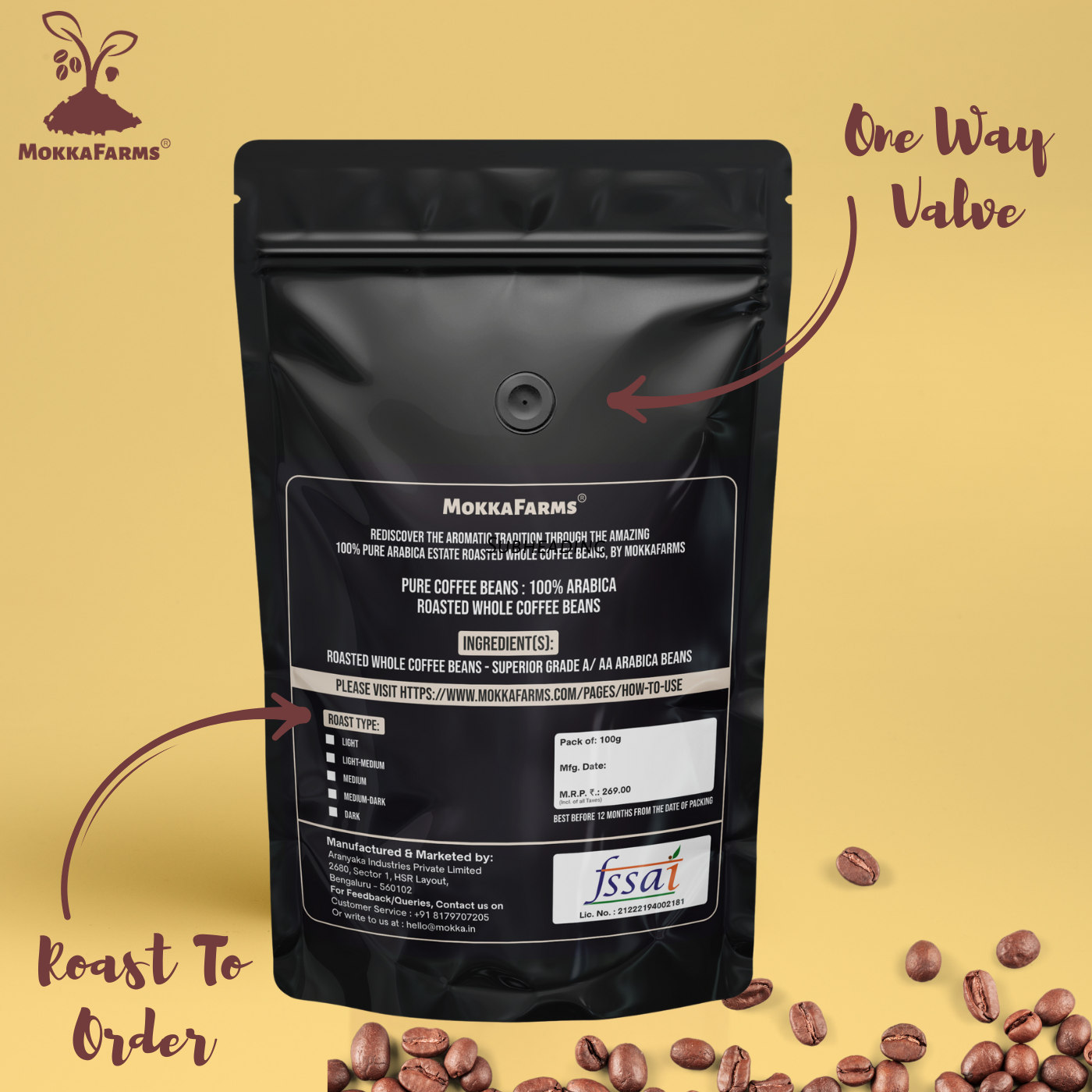 MokkaFarms Roasted Whole Coffee Beans - 100% Arabica | Fresh Roast, Estate Coffee | Graded A/AA Bean | Rich Flavorful Aromatic | Farm to Fork | One Way Valve/Zip-Lock Bag |