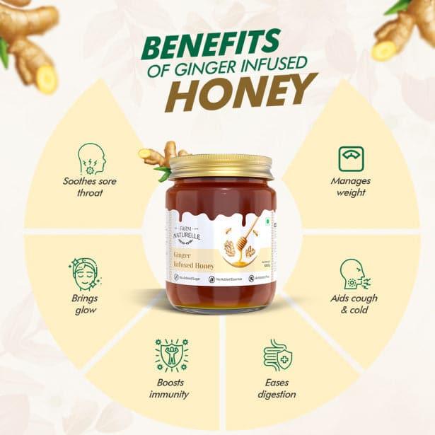 Ginger Infused Honey | 100% Pure Honey | Wooden Spoon| Raw, Natural, Unprocessed & Unheated Honey | Lab Tested Honey in Glass Bottle.