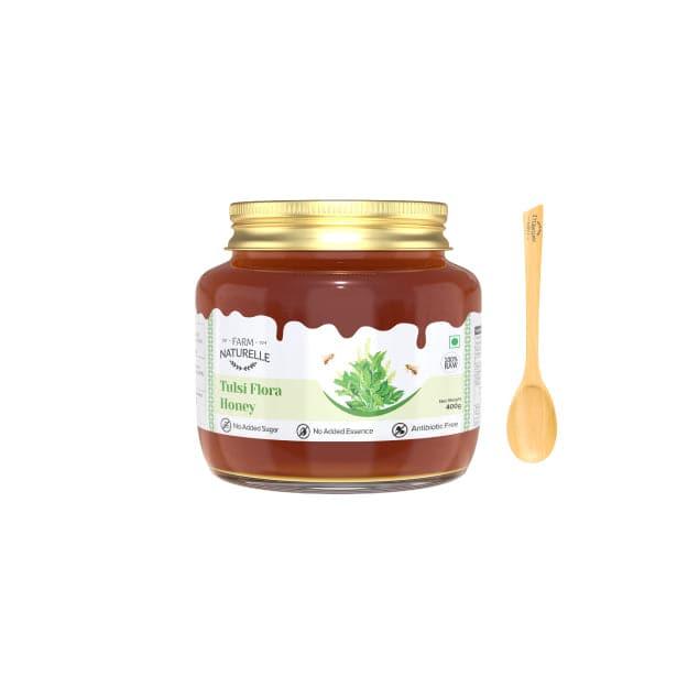 Vana Tulsi Flower Wild Forest Honey | 100% Pure Honey | Wooden Spoon| Raw, Natural, Unprocessed & Unheated Honey | Lab Tested Honey in Glass Bottle.