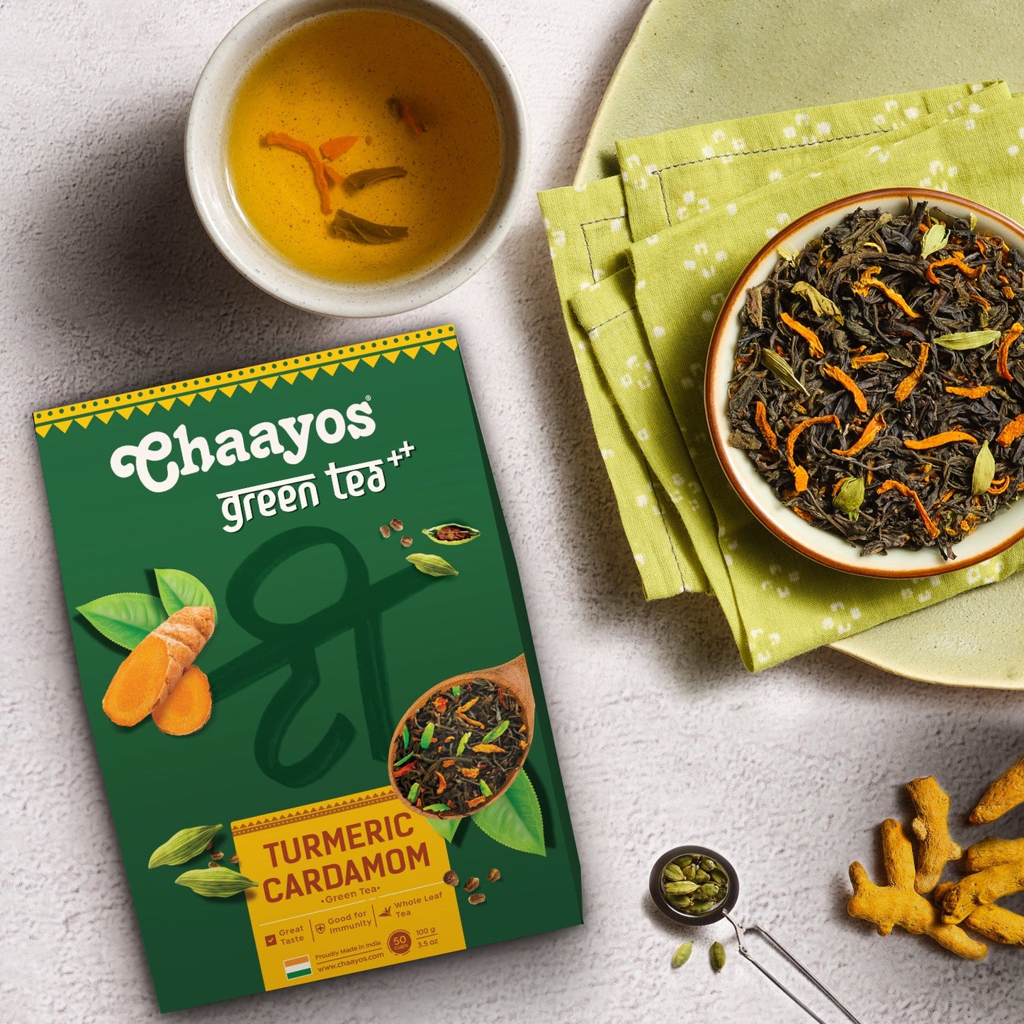 Chaayos Turmeric Cardamom Green Tea | Whole Leaf Loose Tea | Immunity Boosting - 100g [50 Cups]