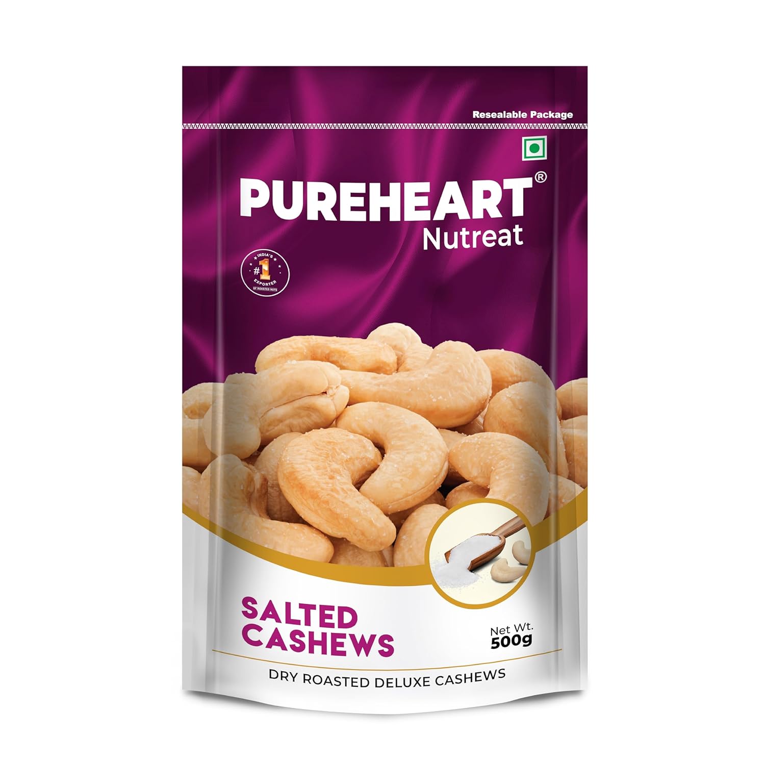 Pureheart Nutreat Roasted Salted Cashew, Flavourful & Crunchy Snack | Premium Salted Whole Cashew Nuts/Kaju Dry Fruit | Rich in Protein & Fiber | No Artificial Colors and Flavors