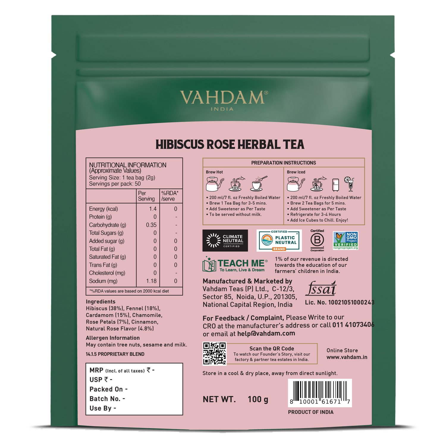 Hibiscus Rose Herbal Tea - 50 Count