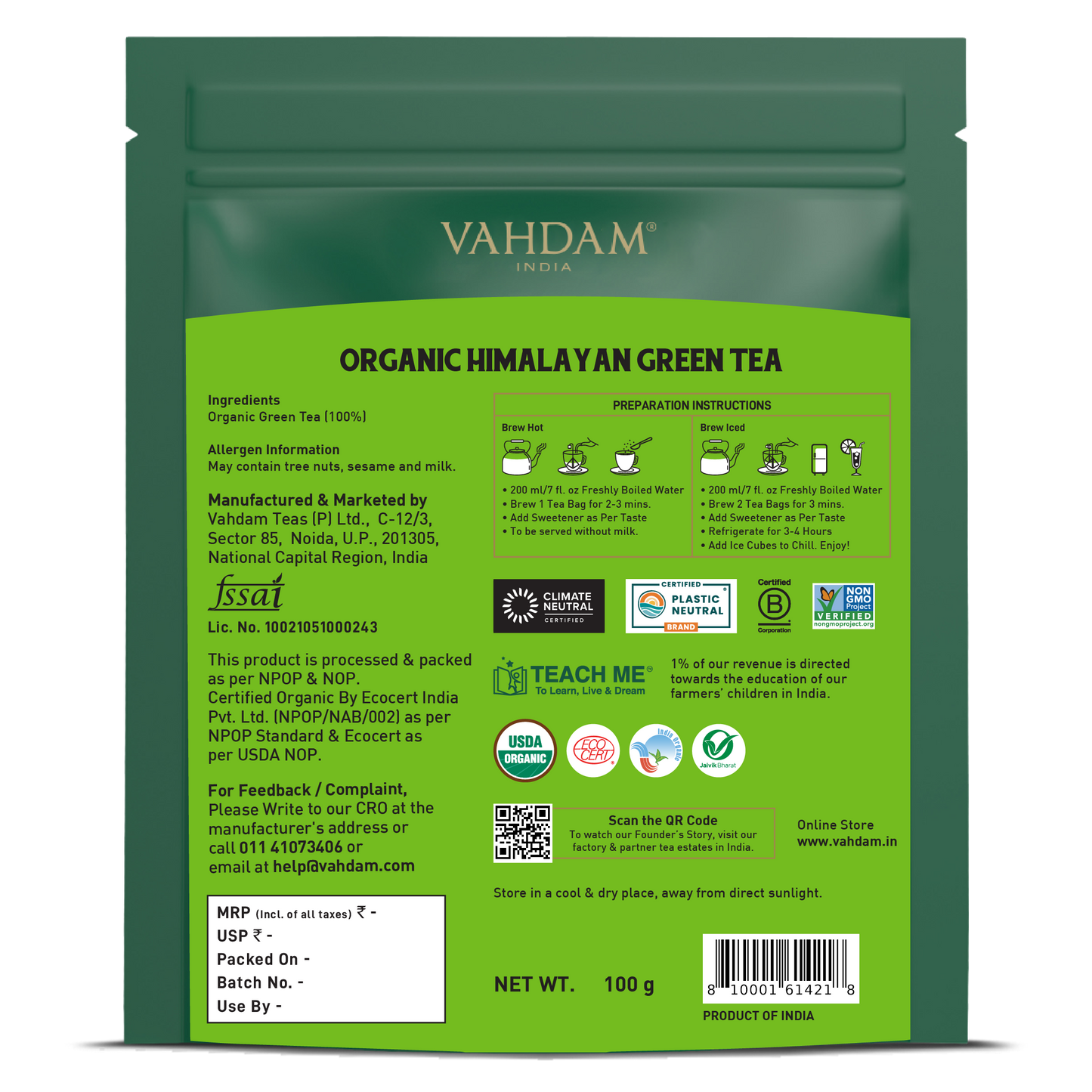 Organic Himalayan Green Tea, 50 Count