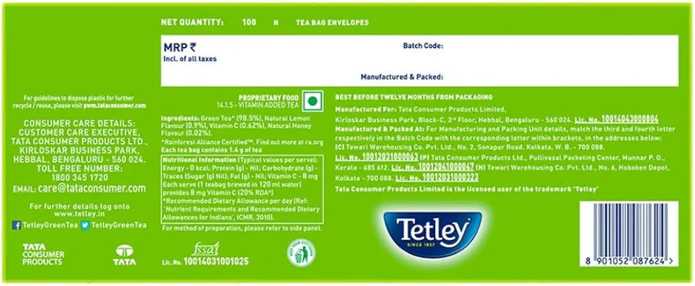 Tetley Green Tea, Lemon And Honey, 100 Tea Bags, 140 Grams