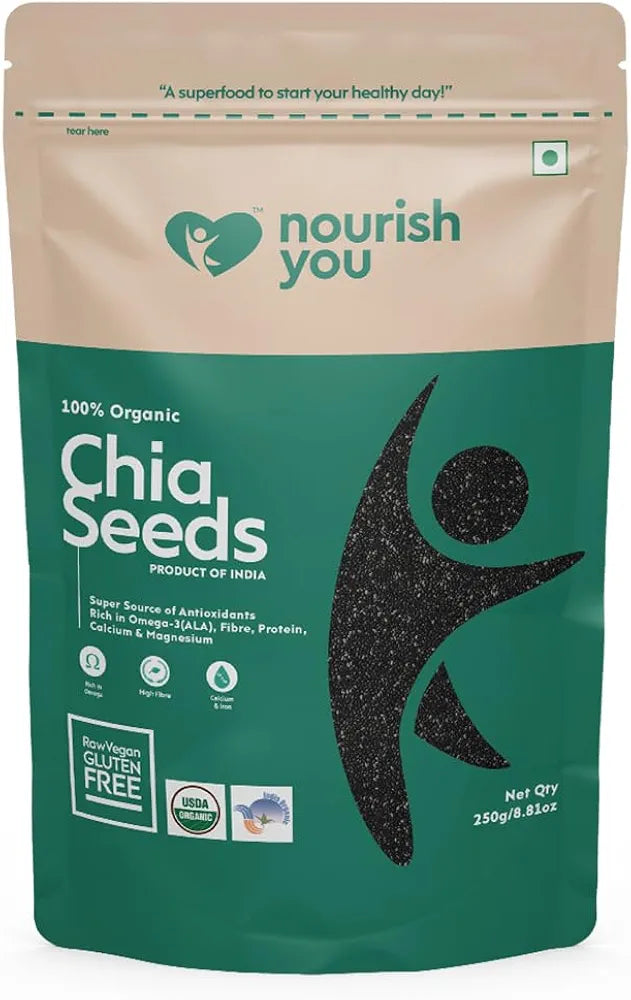 Nourish You Chia Seeds 250g - 100% Clean Chia Seeds for Eating | Certified Organic | Seeds for Weight Management | Rich in Calcium, Protein & Fiber, Omega 3 and Antioxidant | Healthy Snacks