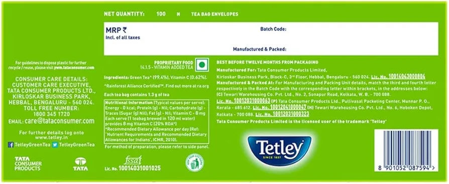 Tetley Green Tea, Refreshing , 100 Tea Bags, 140 Grams