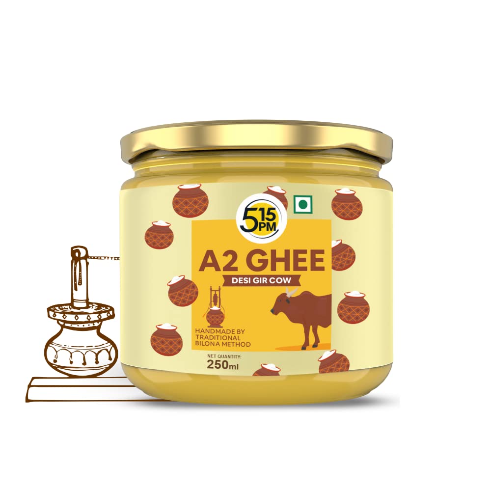 5:15PM A2 Ghee Organic | 100% Desi A2 Gir Cow Ghee | Traditional Vedic Bilona Method | Handmade Curd Churned| Pure A2 Cow Ghee, Natural & Healthy| Lab Tested & Certified - 250ml