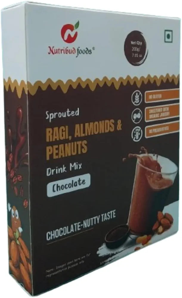 Nutribud Foods Sprouted Ragi, Almonds & Peanuts Drink Mix  -  | Chocolate Milk Mix Powder, Sweetened with Jaggery Powder , Chocolate Nutty Taste