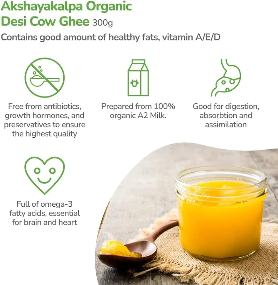 Akshayakalpa Organic Desi Cow Ghee, 300ml - Pure organic ghee, traditionally-churned, chemical-free, granular ghee, nutritious by nature