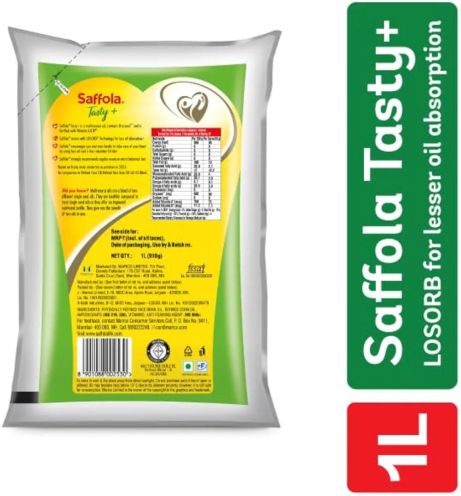 Saffola Tasty + Refined Cooking Oil | Multi-Source Edible Rice Bran & Corn Oil | 50% More Oryzanol | 1 Litre Pouch