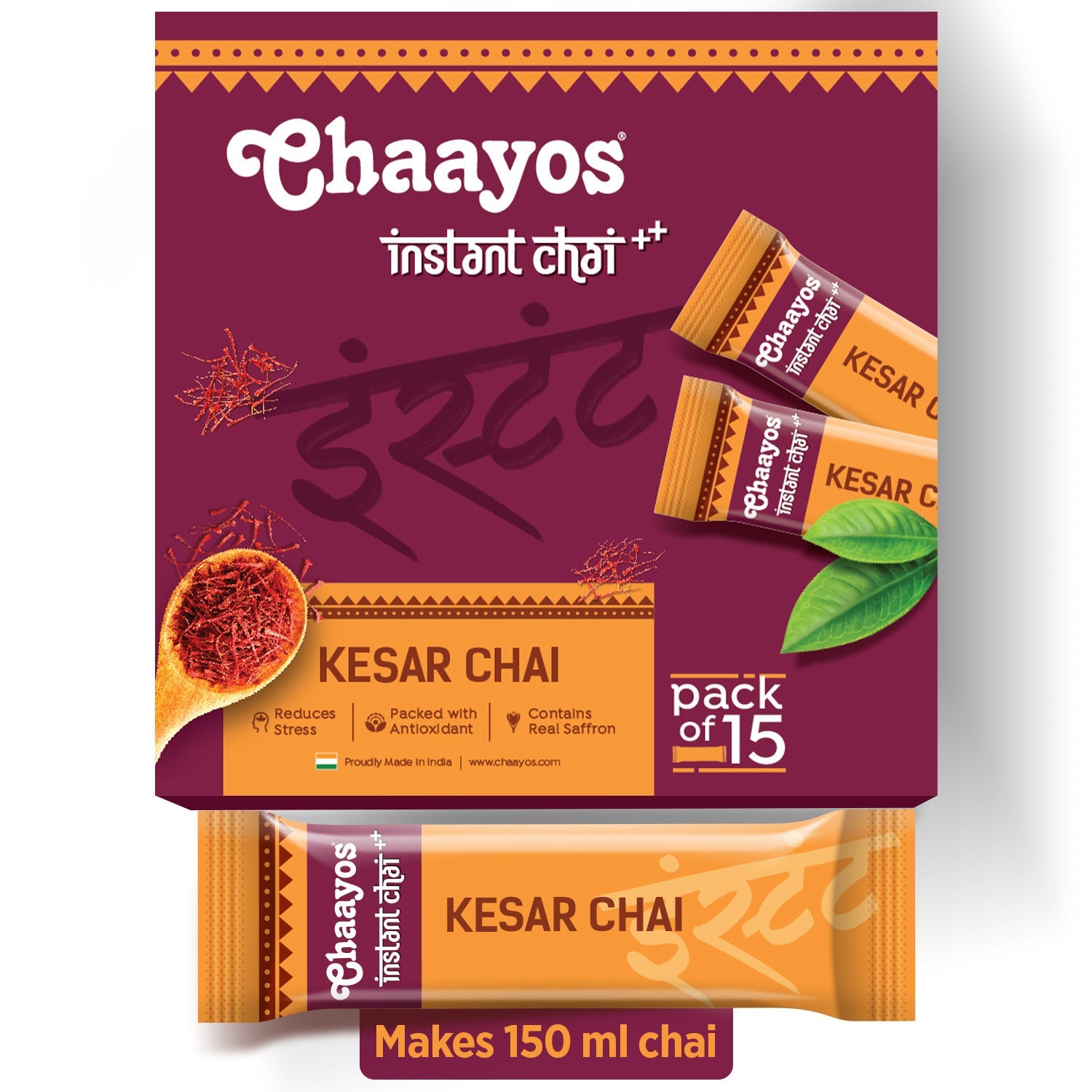 Chaayos Instant Tea Premix - Kesar-Regular Sugar (15 Sachets) | Best Kesar Chai