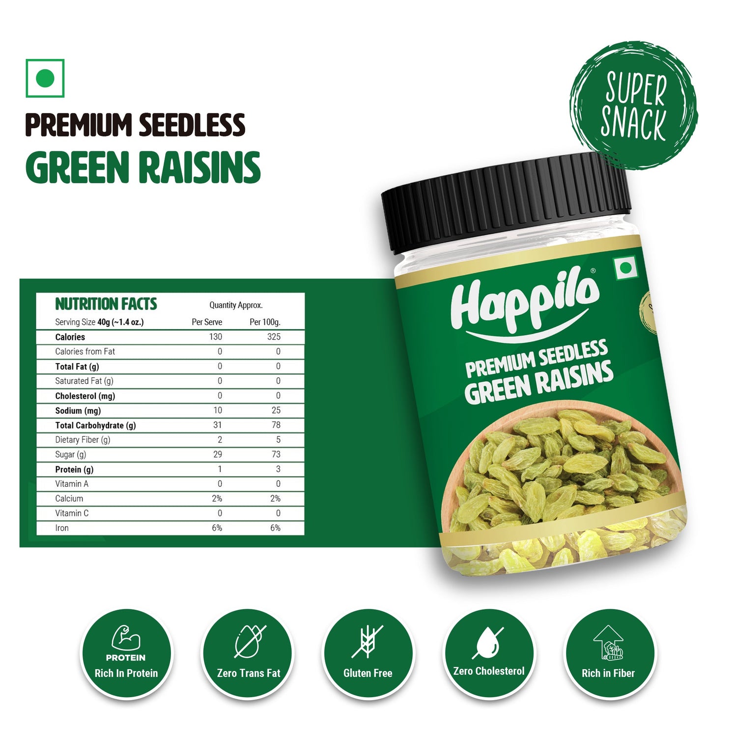 Happilo Premium Seedless Green Raisins 250g Jar