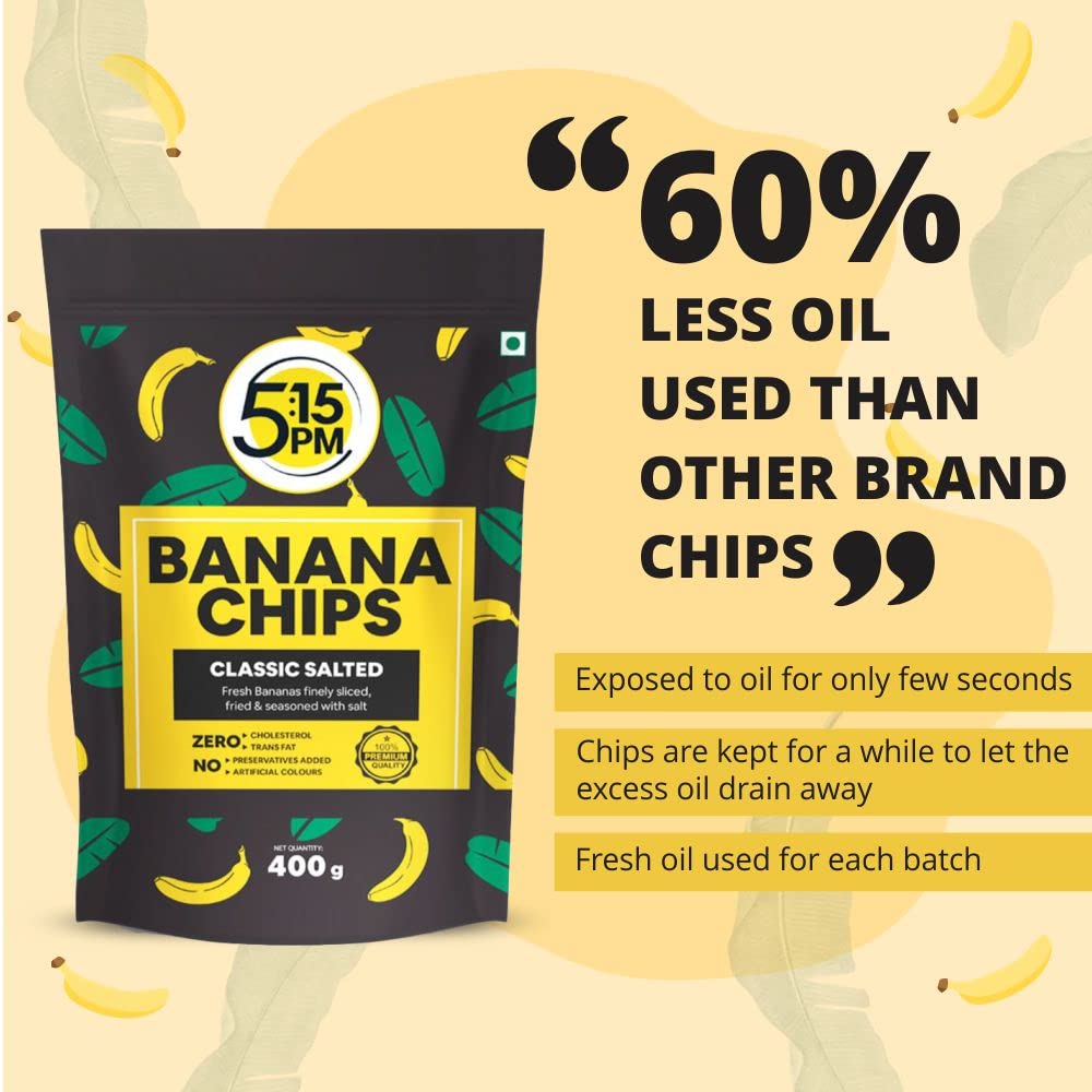 5:15PM Yellow Banana Chips Snacks - Fresh Crispy Banana Wafers Chips | Classic Salted Flavour 400grams Packet