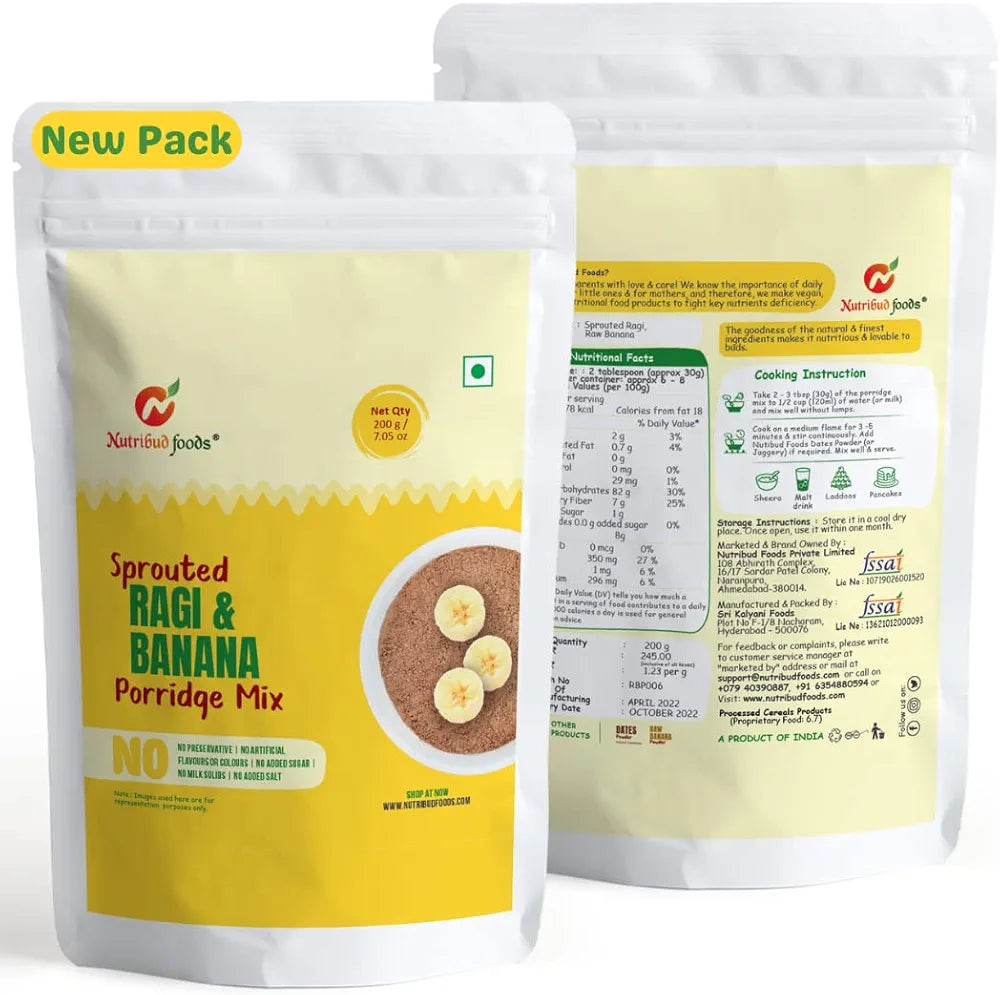 Nutribud Foods Sprouted Ragi & Banana Porridge Mix  | 100% Natural Ingredients | Healthy For Little Ones | No Added Sugar | No Preservatives | No Artificial Flavours or Colours | No Milk Solids