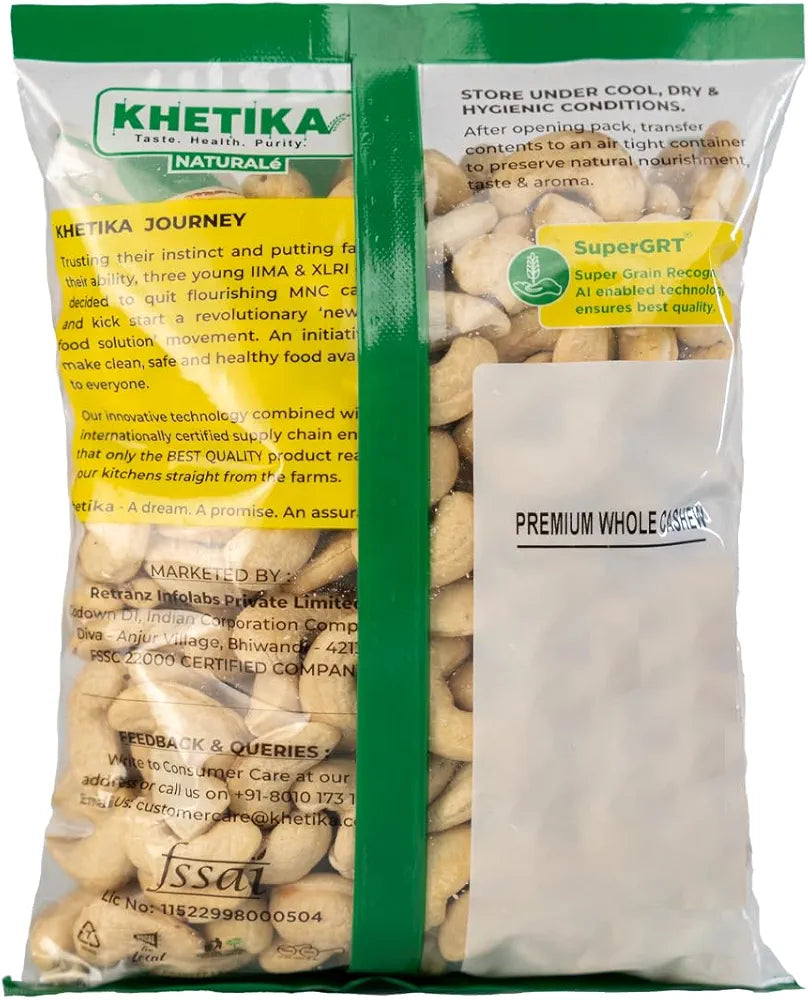 Khetika Premium Whole Cashew 750g | Zero Trans Fat| W320 Crunchy Kaju | Preservative Free | Healthy Snacks | Nutritious & Delicious Nuts