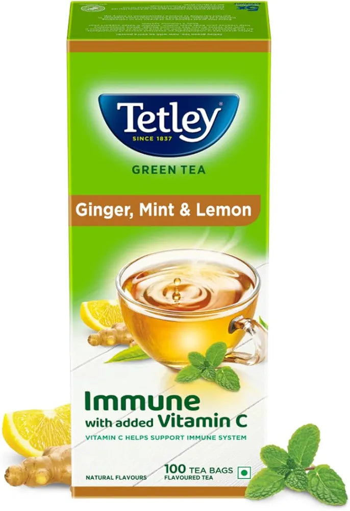 Tetley Green Tea Immune, With Added Vitamin C, Ginger, Mint & Lemon, 100 Tea Bags, 1.4gx100