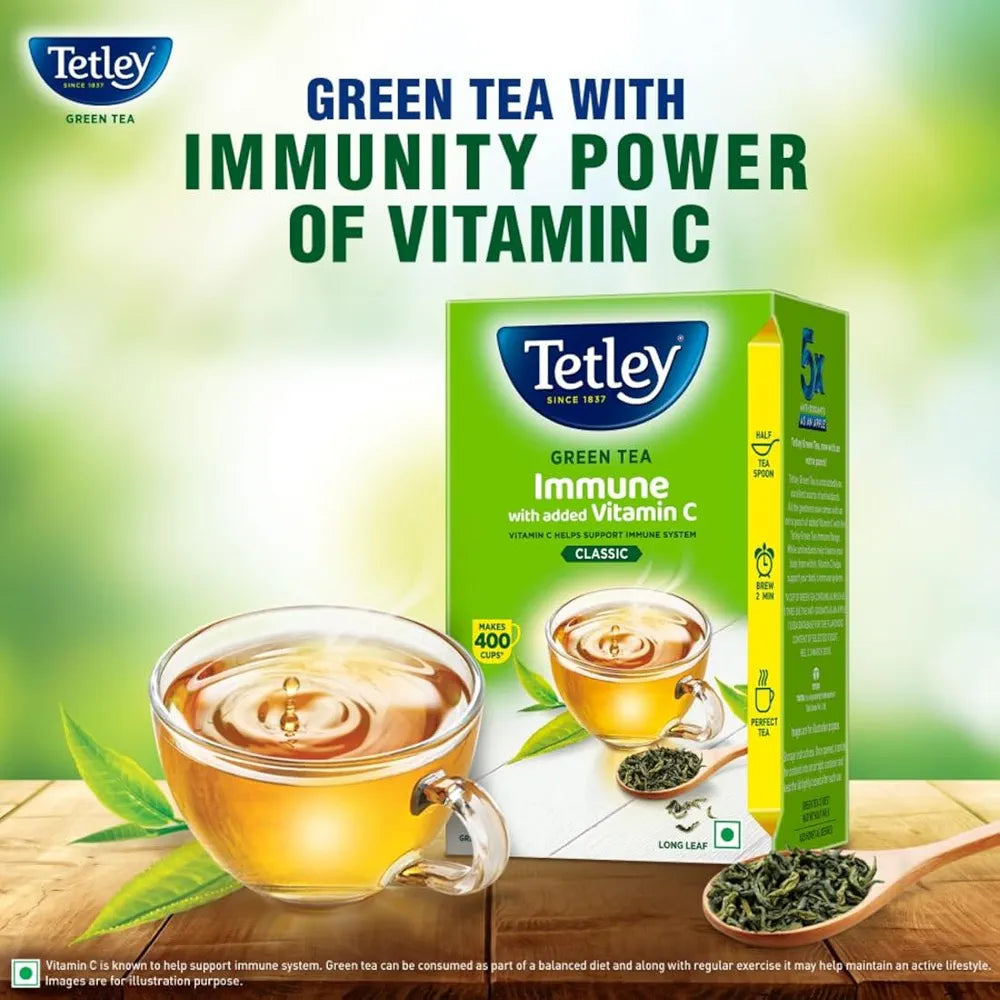 Tetley Green Tea Immune With Added Vitamin C, Classic Green Tea, Makes 400 Cups, Long Leaf Tea, 5X Antioxidants As An Apple - 500 Gm