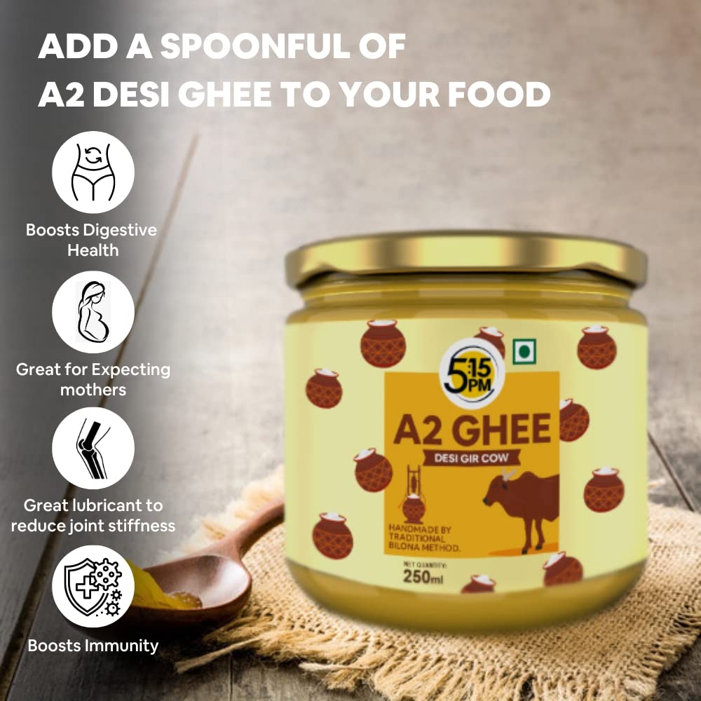 5:15PM A2 Ghee Organic | 100% Desi A2 Gir Cow Ghee | Traditional Vedic Bilona Method | Handmade Curd Churned| Pure A2 Cow Ghee, Natural & Healthy| Lab Tested & Certified - 250ml