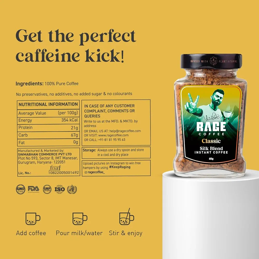 Rage Coffee Premium Silk Blend Classic Coffee Powder - 60g of 100% Pure Arabica Beans | Fuel Your Day with Plant-Based Vitamin Instant Coffee Powder for Enhanced Fitness, Energy, and Focus | Hot and Cold Coffee