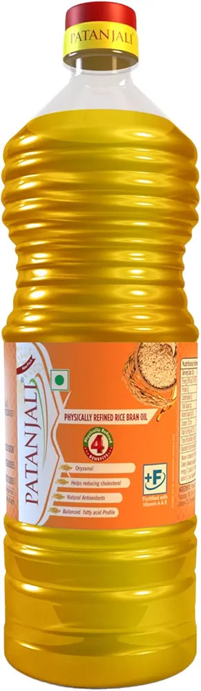 Patanjali Rice Bran Oil Cold Pressed Cooking Oil Suitable for Cooking & Frying, Nutrient-Rich & Cholesterol Free Cooking Oil for Everyday Use, 1L Bottle