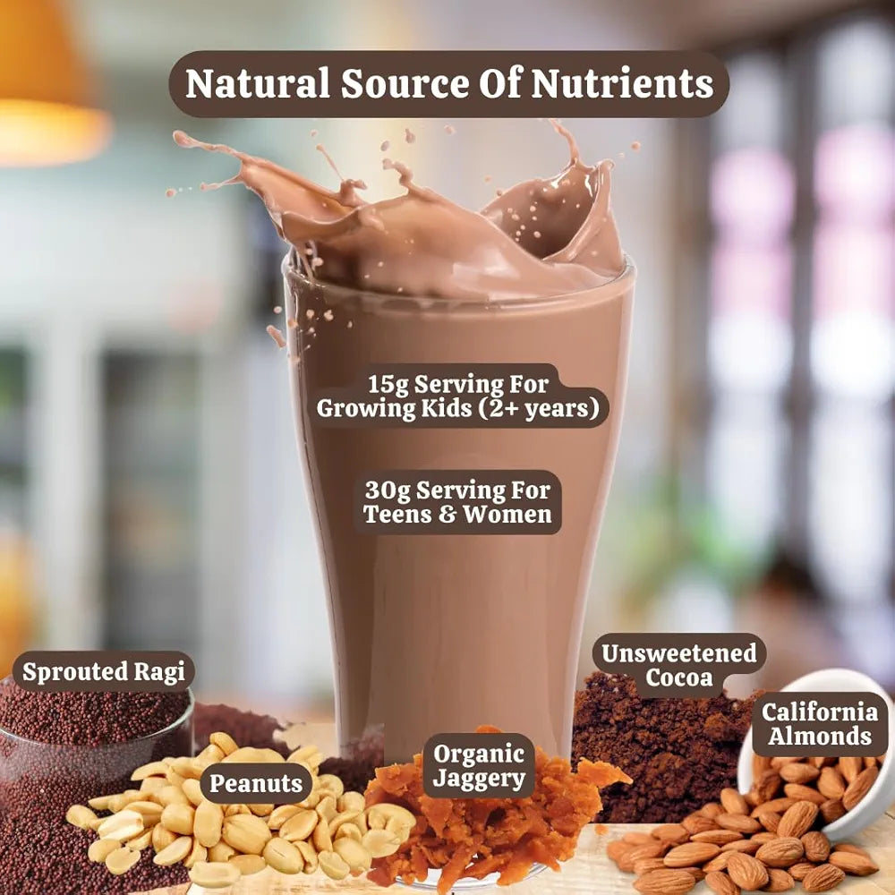 Nutribud Foods Sprouted Ragi, Almonds & Peanuts Drink Mix  -  | Chocolate Milk Mix Powder, Sweetened with Jaggery Powder , Chocolate Nutty Taste