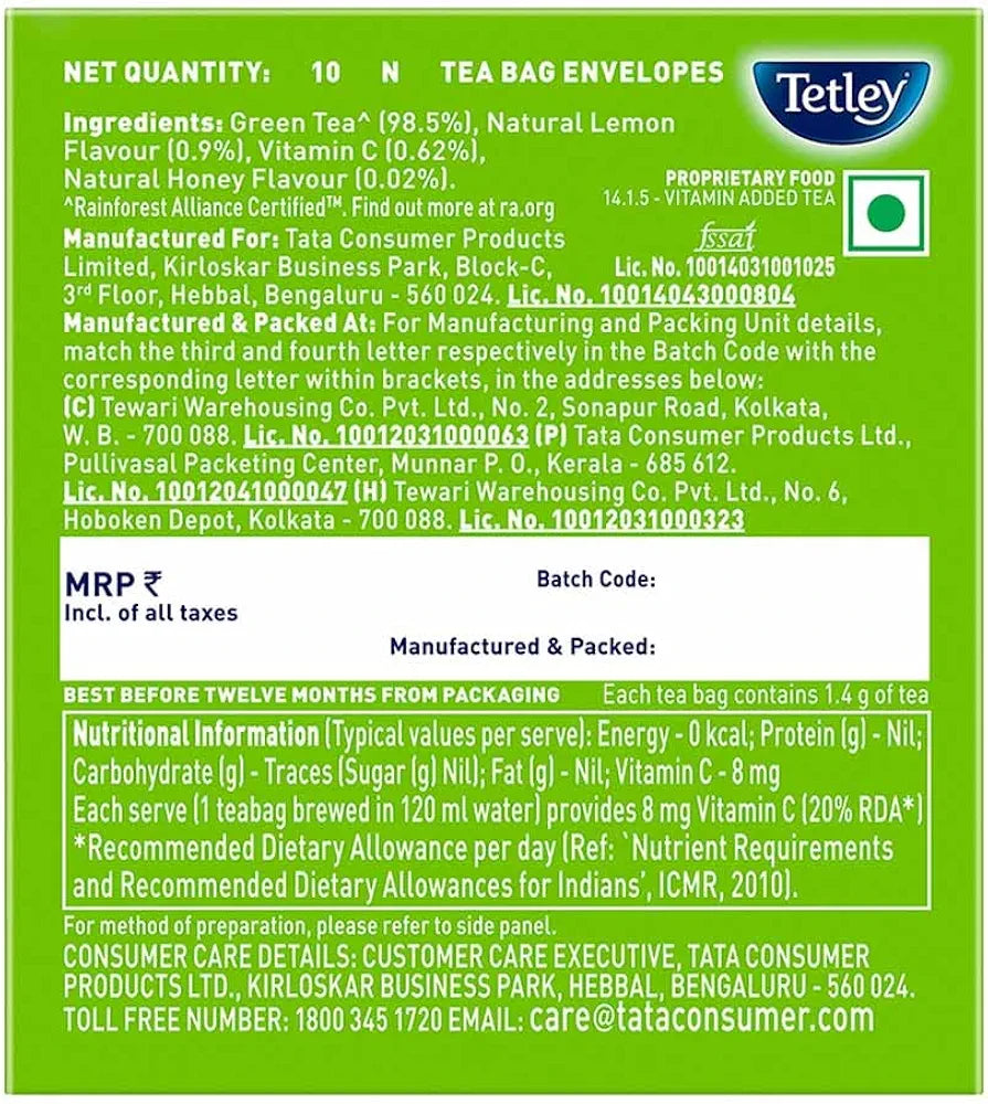 Tetley Green Tea Immune With Added Vitamin C, Lemon And Honey, 10 Tea Bags, 27 grams, Pack of 1