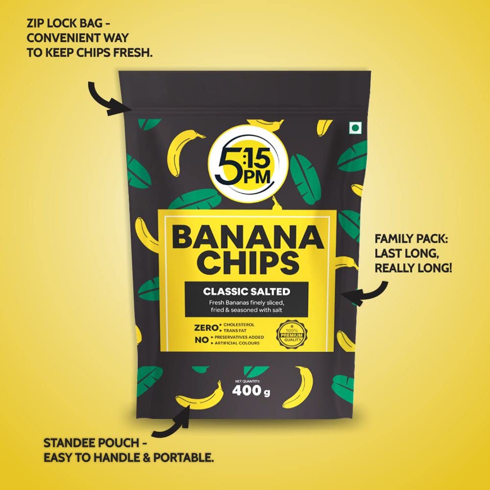 5:15PM Yellow Banana Chips Snacks - Fresh Crispy Banana Wafers Chips | Classic Salted Flavour 400grams Packet