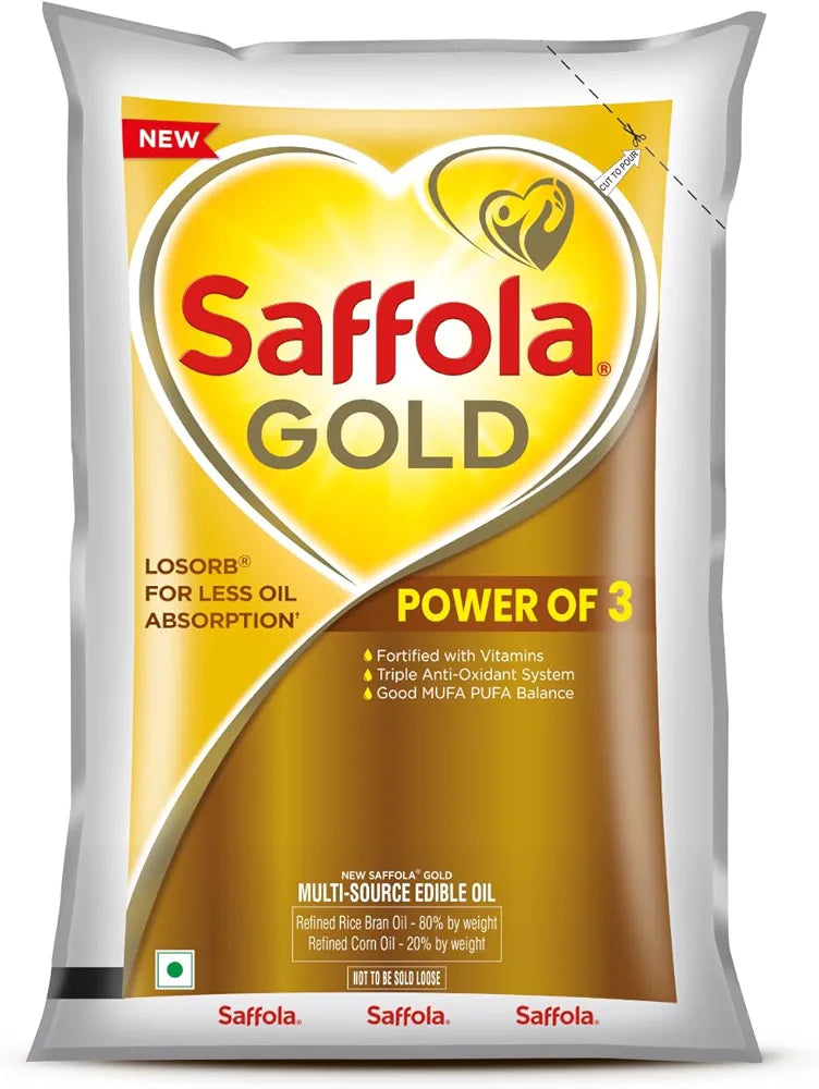 Saffola Gold Refined Cooking oil | Power of 3 - Balance of Good Fats, Triple Anti-Oxidant System & Fortified with Vitamins | Multi-Source Edible Rice Bran & Corn Oil | 1 Litre Pouch