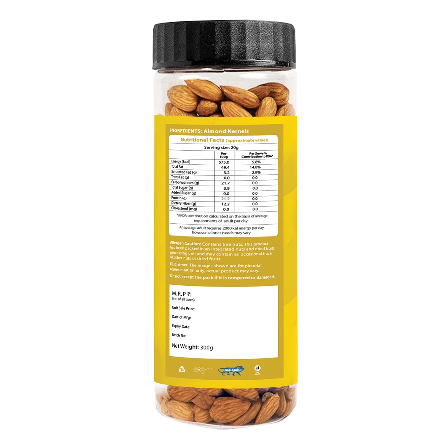 Proseed Natural Premium Whole Almonds/Badaam 300 Gx 1 | 100% Natural Crunchy Badam Giri | Nuts & Dry Fruits | Rich in Protein, Fibre, Vitamin E, Magnesium & Calcium | Healthy Snacks | Dry Fruit Gift | (300 Grams x Pack of 1)