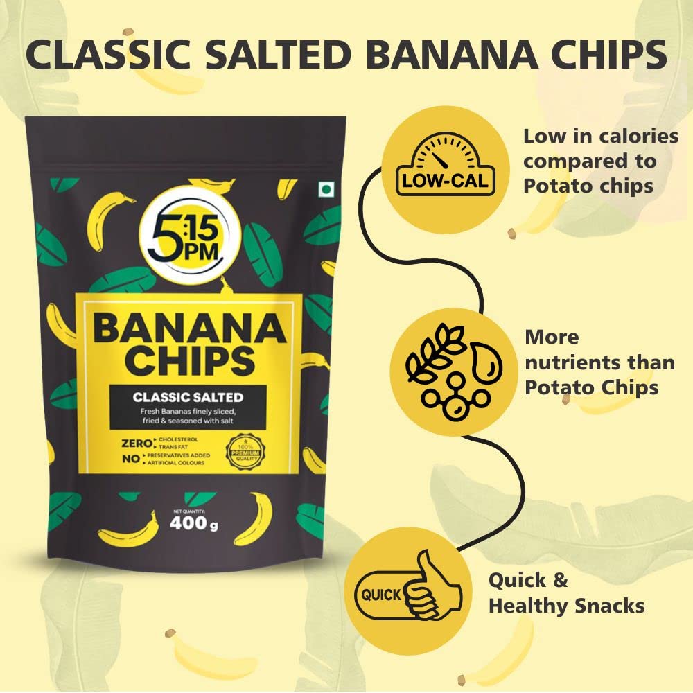 5:15PM Yellow Banana Chips Snacks - Fresh Crispy Banana Wafers Chips | Classic Salted Flavour 400grams Packet