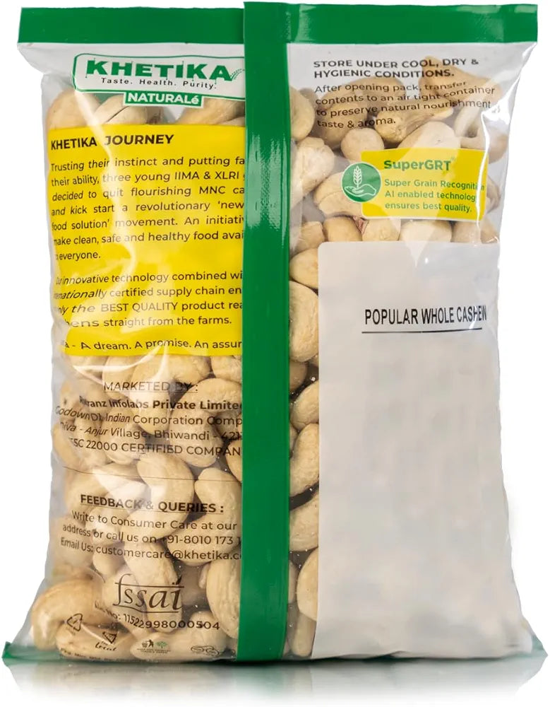 Khetika Popular Whole Cashew 750g | Zero Trans Fat | Preservative Free | Healthy Snacks | Nutritious & Delicious Nuts