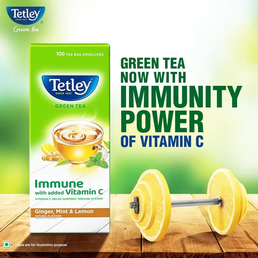 Tetley Green Tea Immune, With Added Vitamin C, Ginger, Mint & Lemon, 100 Tea Bags, 1.4gx100