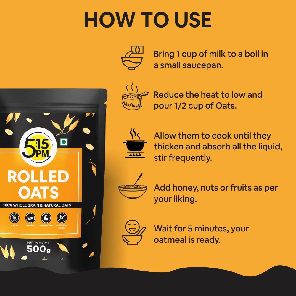 5:15PM Rolled Oats 500g | Gluten Free Oats for Weight Loss | Healthy Cereal Breakfast | 100% Natural Wholegrain | Rich in Beta Glucans – 500g